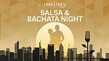 Event-Plakat von Foodtopia at MyZeil: „Salsa & Bachata Night“ mit der Silhouette eines Tanzpaares über einer Skyline.